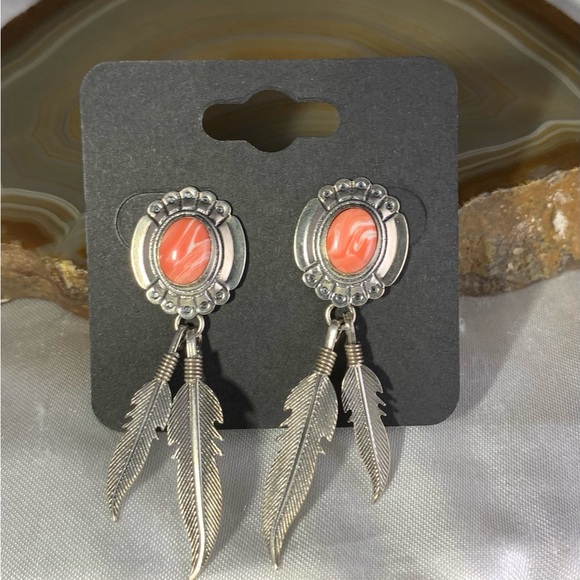 925 Sterling Silver Jewelry - Sterling Silver Rhodochrosite feather native style stud dangle earrings